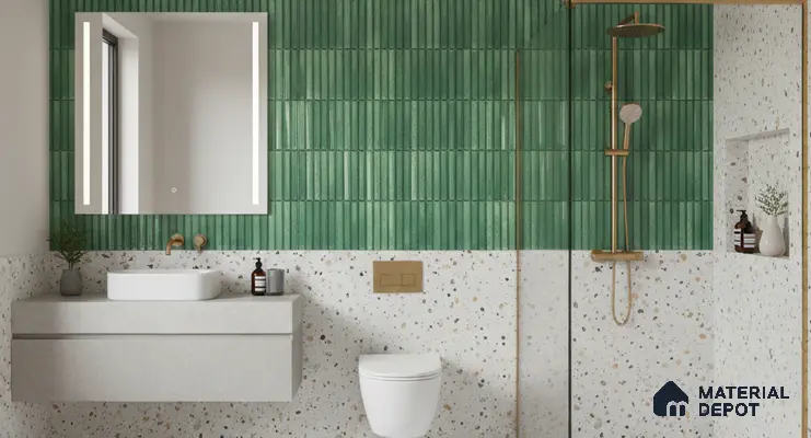 Modern bathroom with green kitkat wall tiles and terrazzo wall and floor tiles | Material Depot