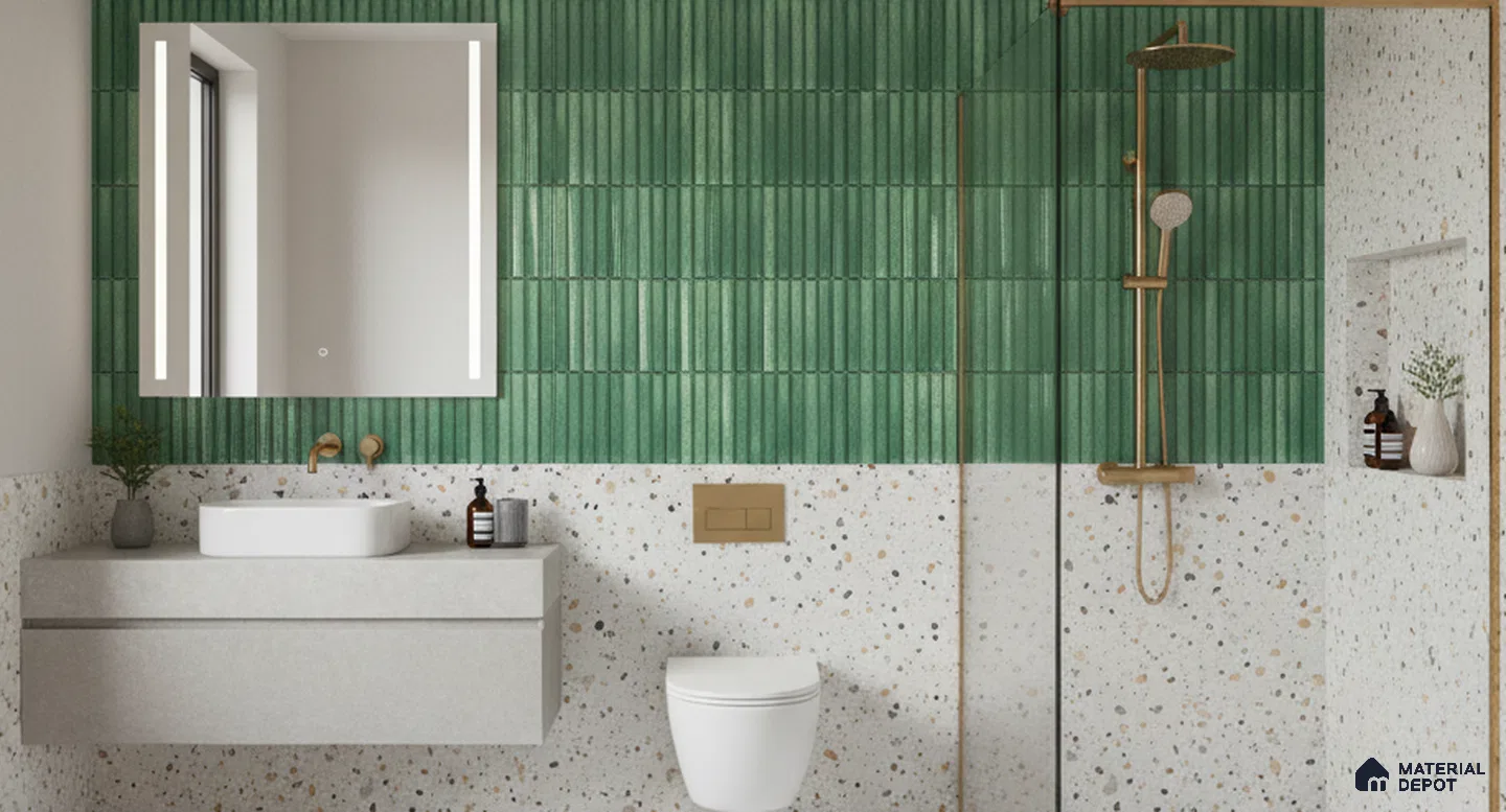 Modern bathroom with green kitkat wall tiles and terrazzo wall and floor tiles | Material Depot