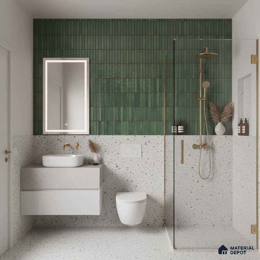 Modern bathroom with green kitkat wall tiles and terrazzo wall and floor tiles | Material Depot