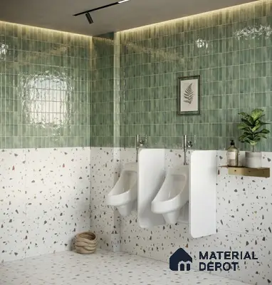 Modern bathroom with green kitkat wall tiles and terrazzo wall and floor tiles