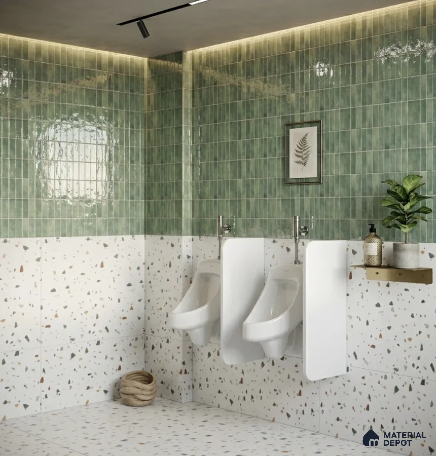 Modern bathroom with green kitkat wall tiles and terrazzo wall and floor tiles
