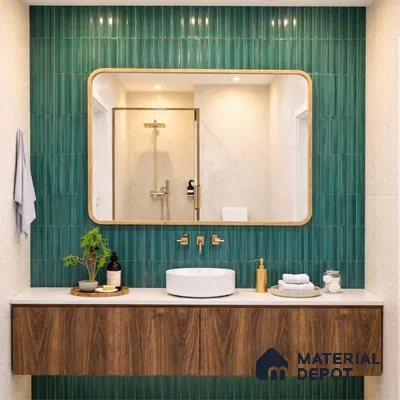 Modern bathroom with green kitkat wall tiles and walnut wood laminate floating vanity