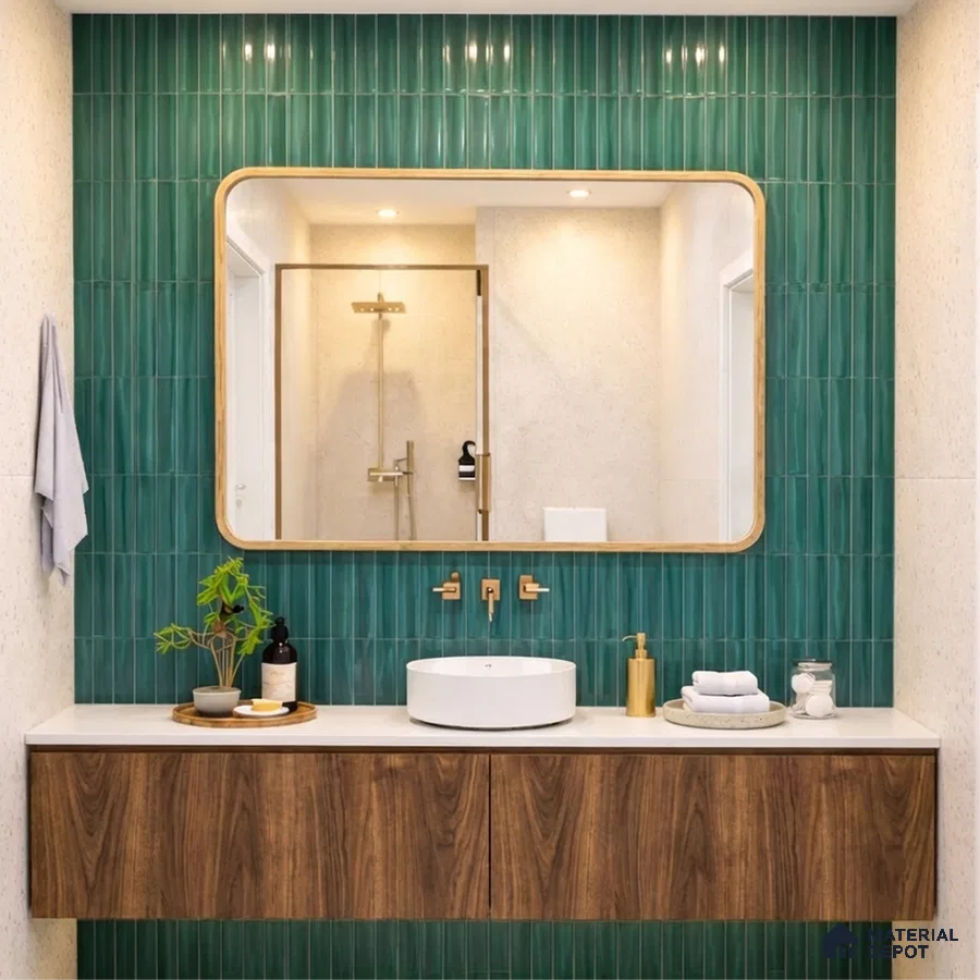 Modern bathroom with green kitkat wall tiles and walnut wood laminate floating vanity