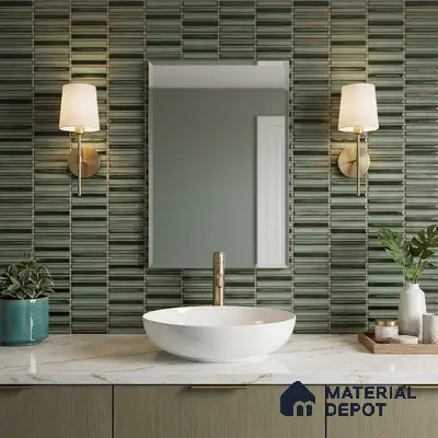 Modern bathroom with green kitkat wall tiles and white marble countertop