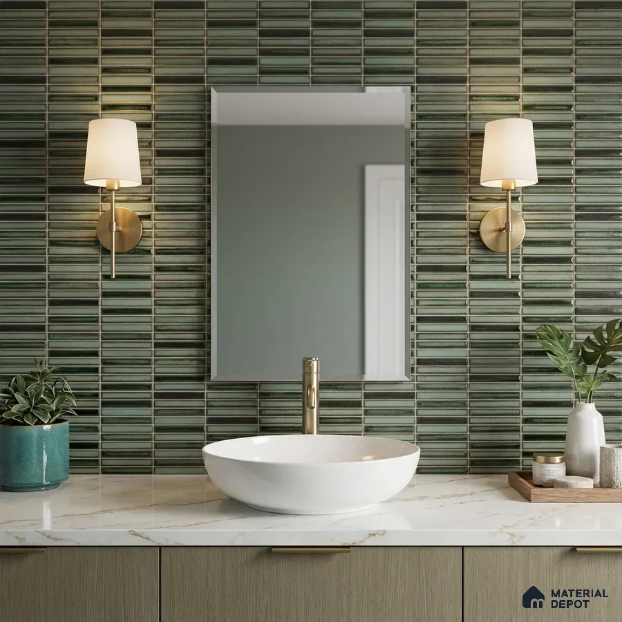 Modern bathroom with green kitkat wall tiles and white marble countertop