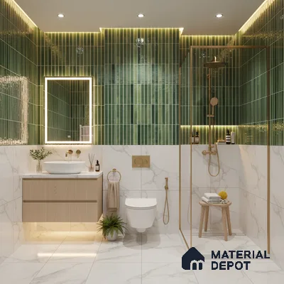 Modern bathroom with green kitkat wall tiles and white marble-look floor and wall tiles | Material Depot
