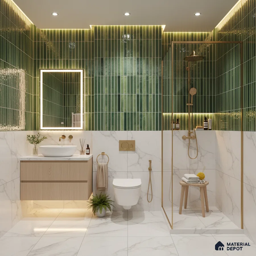 Modern bathroom with green kitkat wall tiles and white marble-look floor and wall tiles | Material Depot
