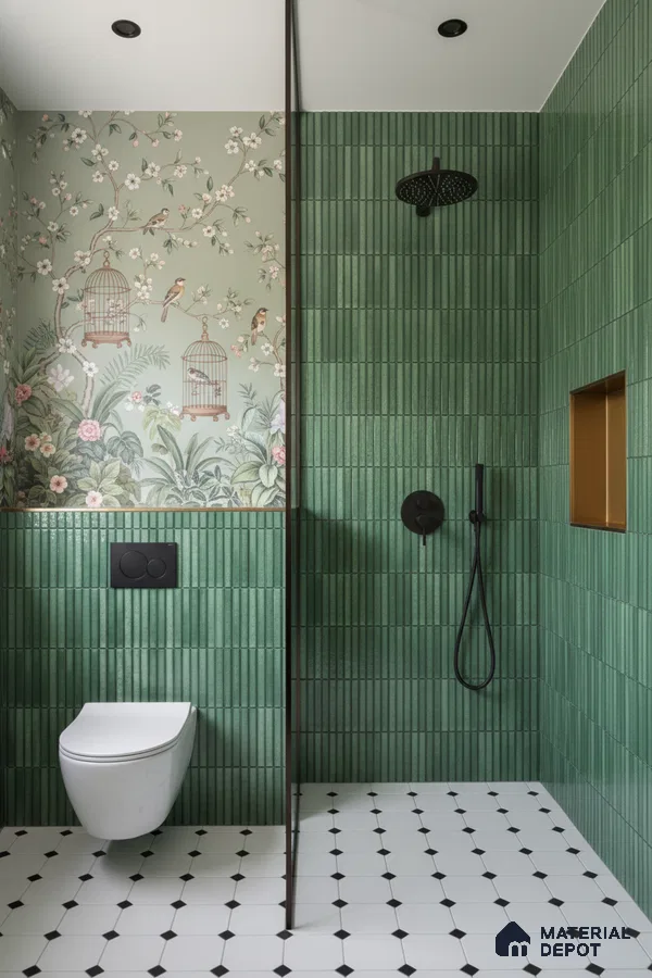 Modern bathroom with green kitkat wall tiles, floral wallpaper, and black-and-white geometric floor tiles | Material Depot