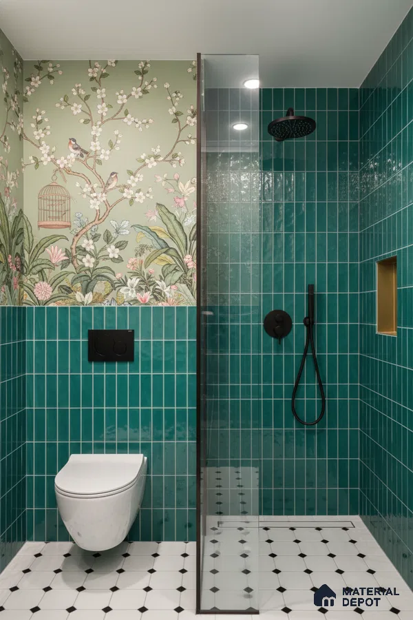 Modern bathroom with green kitkat wall tiles, floral wallpaper, and black-and-white geometric floor tiles | Material Depot