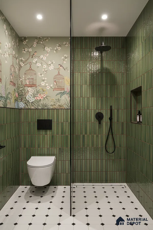Modern bathroom with green kitkat wall tiles, floral wallpaper, and white geometric floor tiles | Material Depot