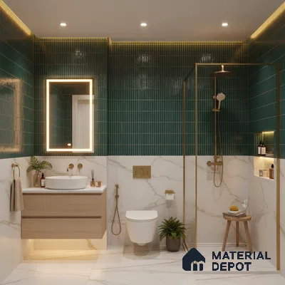 Modern bathroom with green kitkat wall tiles, marble-look floor and wall tiles, and floating wood vanity | Material Depot