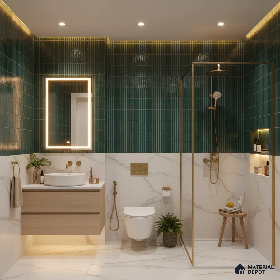Modern bathroom with green kitkat wall tiles, marble-look floor and wall tiles, and floating wood vanity | Material Depot