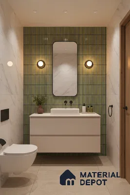 Modern bathroom with green kitkat wall tiles, marble-look wall tiles, and beige floor tiles | Material Depot