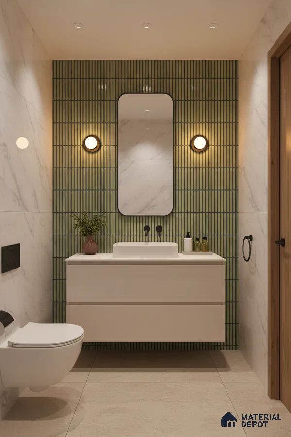 Modern bathroom with green kitkat wall tiles, marble-look wall tiles, and beige floor tiles | Material Depot