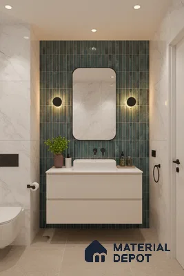 Modern bathroom with green kitkat wall tiles, marble-look wall tiles, and beige floor tiles | Material Depot