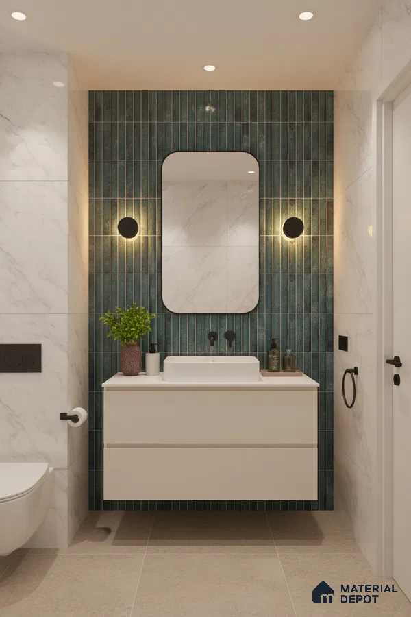 Modern bathroom with green kitkat wall tiles, marble-look wall tiles, and beige floor tiles | Material Depot