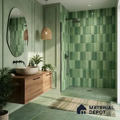 Modern bathroom with green kitkat wall tiles, matte green floor tiles, and walnut floating vanity