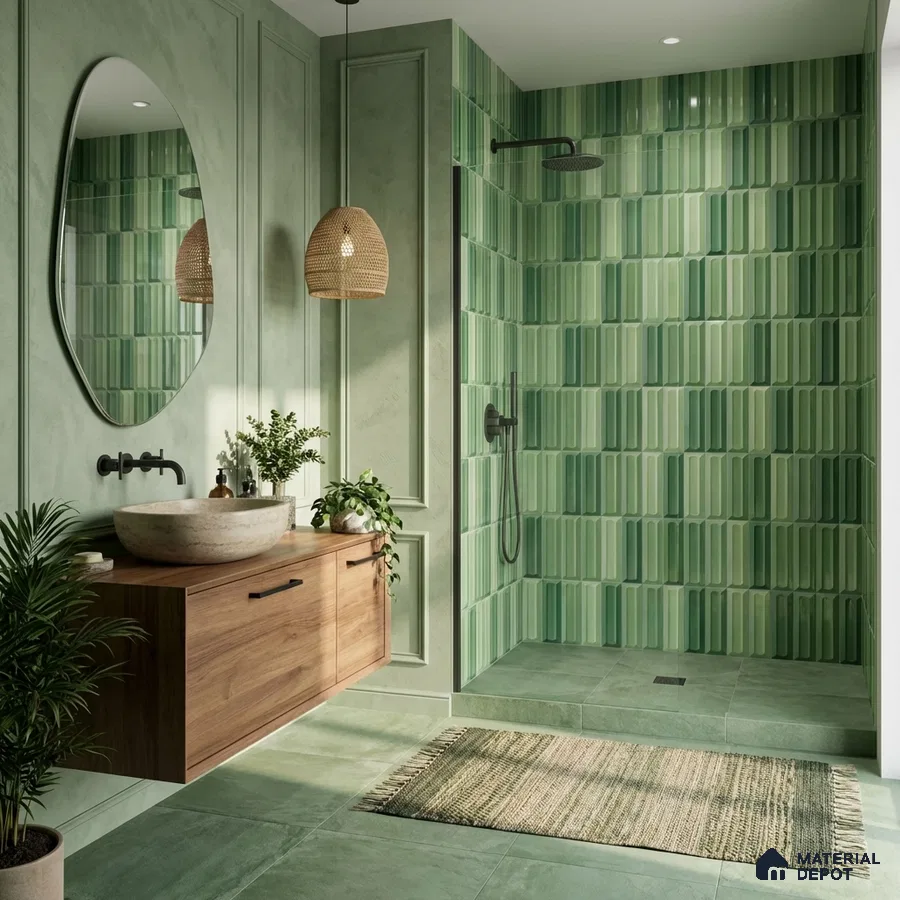 Modern bathroom with green kitkat wall tiles, matte green floor tiles, and walnut floating vanity