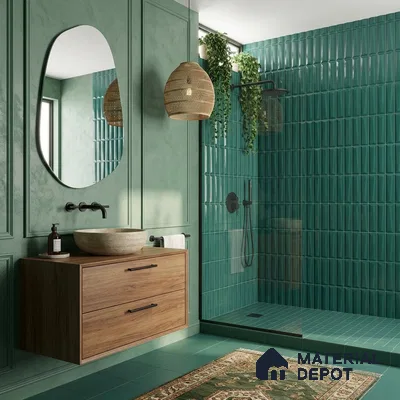 Modern bathroom with green kitkat wall tiles, matte green floor tiles, and walnut wood floating vanity