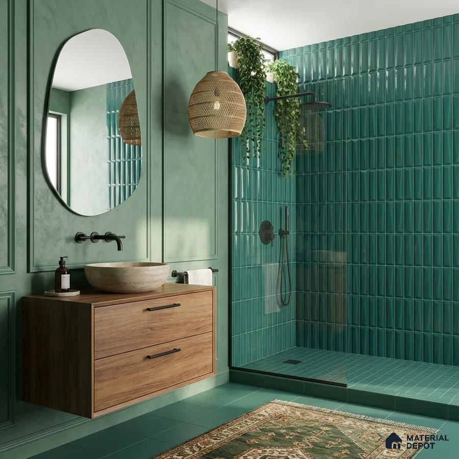 Modern bathroom with green kitkat wall tiles, matte green floor tiles, and walnut wood floating vanity