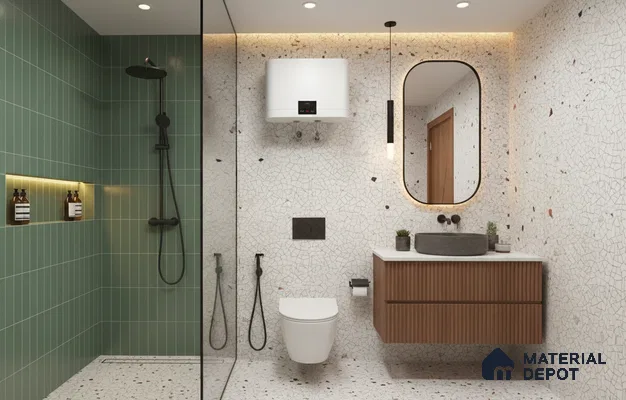 Modern bathroom design with green kitkat wall tiles, terrazzo floor and wall tiles, and fluted wood vanity in Bengaluru | Material Depot