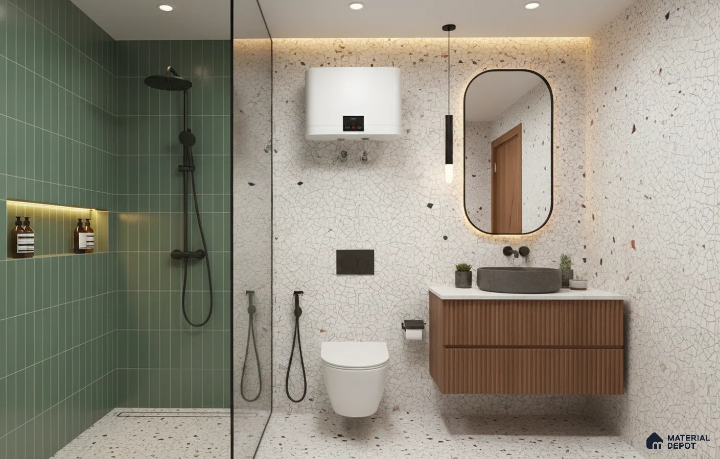 Modern bathroom design with green kitkat wall tiles, terrazzo floor and wall tiles, and fluted wood vanity in Bengaluru | Material Depot