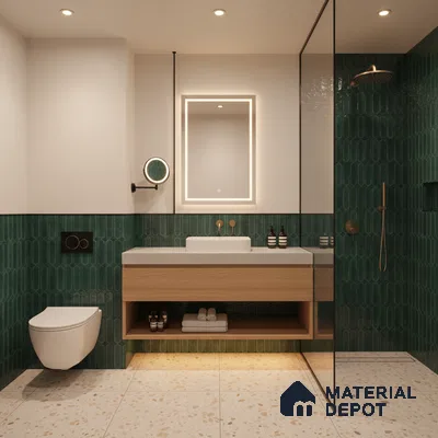 Modern bathroom with green kitkat wall tiles, terrazzo floor tiles, and floating wood vanity | Material Depot