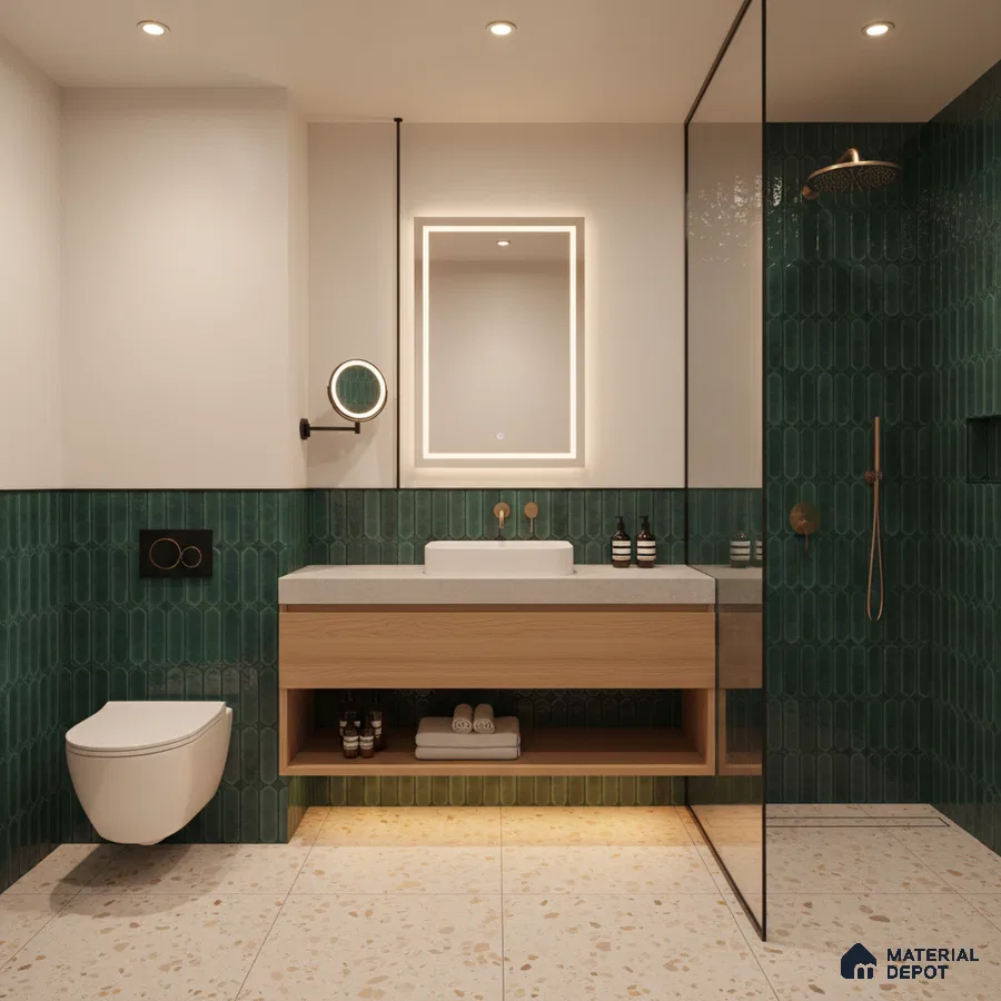 Modern bathroom with green kitkat wall tiles, terrazzo floor tiles, and floating wood vanity | Material Depot