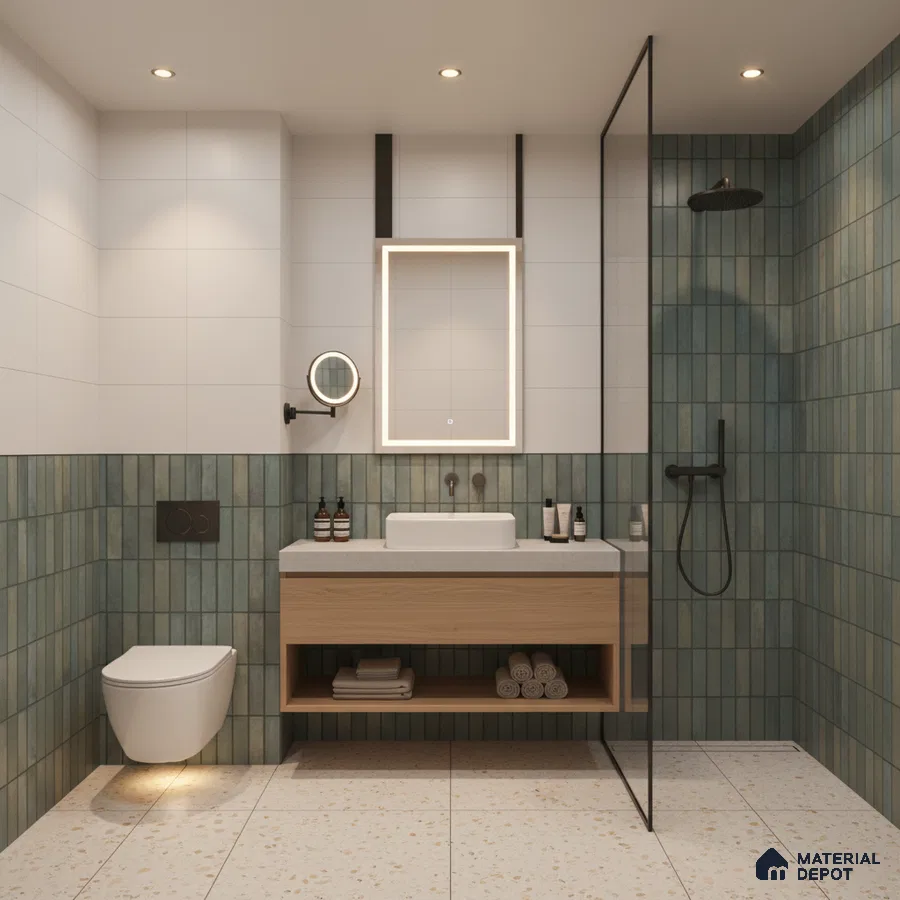 Modern bathroom with green kitkat wall tiles, terrazzo floor tiles, and light wood floating vanity | Material Depot
