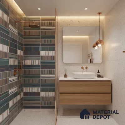 Modern bathroom with green kitkat wall tiles, terrazzo floor tiles, and light wood floating vanity | Material Depot