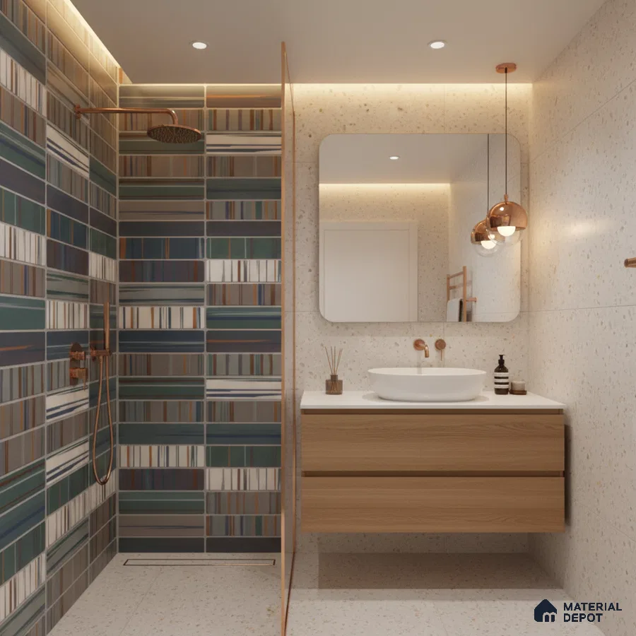 Modern bathroom with green kitkat wall tiles, terrazzo floor tiles, and light wood floating vanity | Material Depot