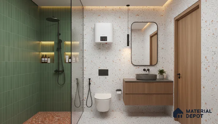 Modern bathroom design with green kitkat wall tiles, terrazzo wall and floor tiles, and fluted wood vanity in Bengaluru | Material Depot