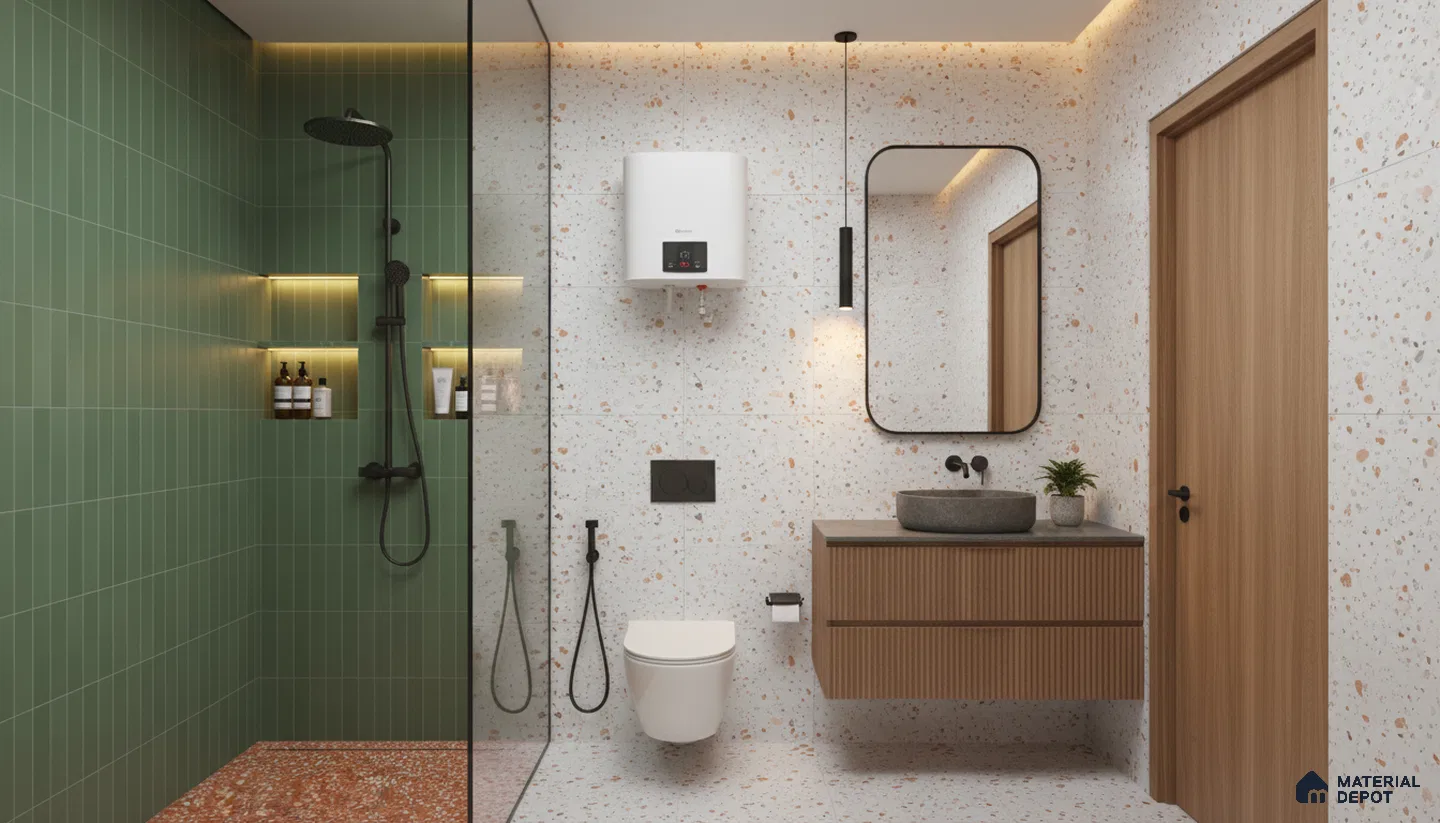 Modern bathroom design with green kitkat wall tiles, terrazzo wall and floor tiles, and fluted wood vanity in Bengaluru | Material Depot