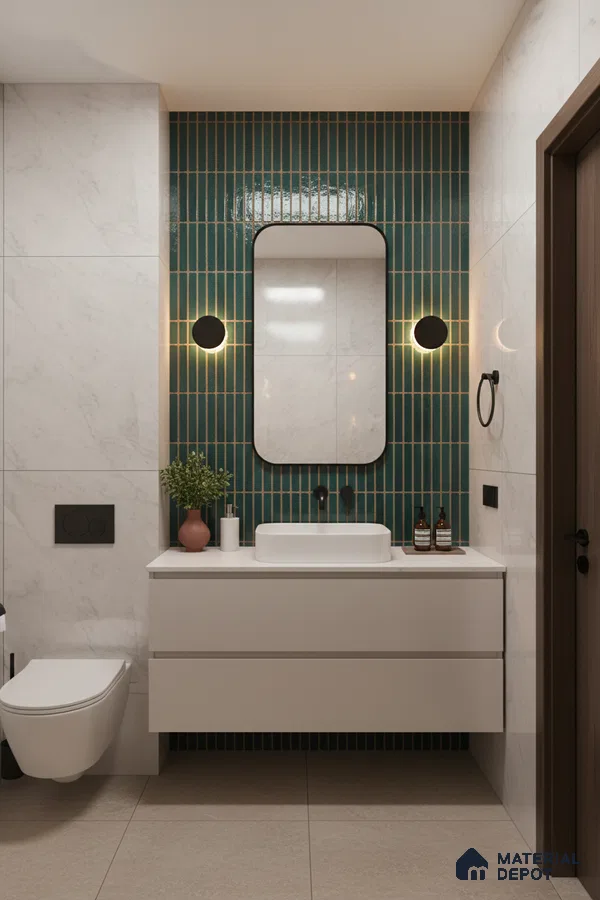 Modern bathroom with green kitkat wall tiles, white marble-look wall tiles, and floating vanity | Material Depot