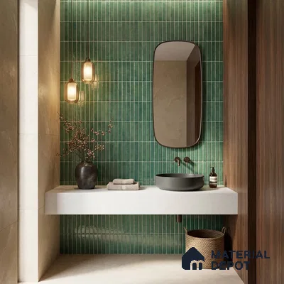 Modern bathroom with green kitkat wall tiles, white quartz countertop, and wood laminate accent