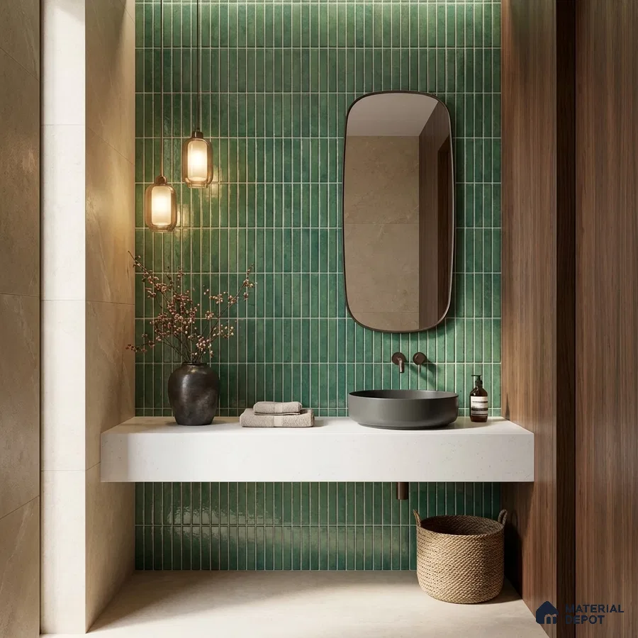Modern bathroom with green kitkat wall tiles, white quartz countertop, and wood laminate accent