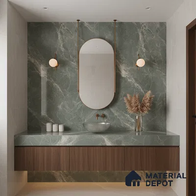 Modern bathroom with green marble-look tile, walnut brown floating vanity, and glass vessel sink | Material Depot