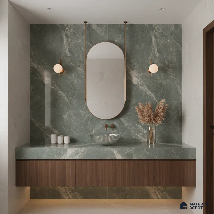 Modern bathroom with green marble-look tile, walnut brown floating vanity, and glass vessel sink | Material Depot