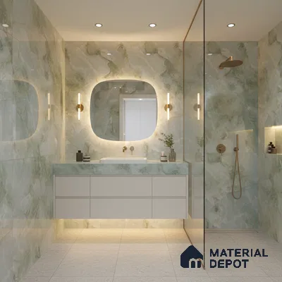 Modern bathroom with green marble-look wall tiles and floating vanity | Material Depot