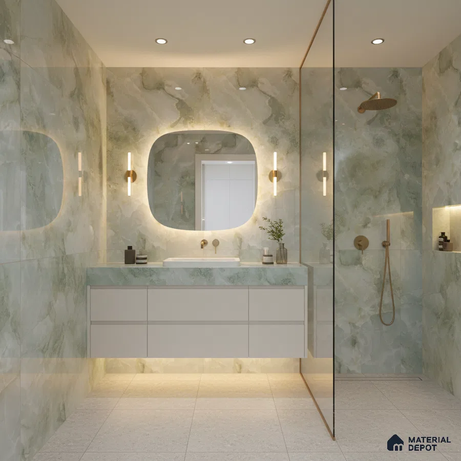 Modern bathroom with green marble-look wall tiles and floating vanity | Material Depot