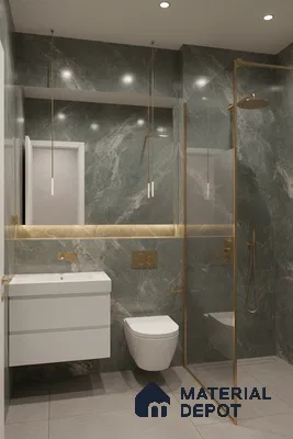 Modern bathroom with green marble-look wall tiles, gold accents, and large format grey floor tiles | Material Depot