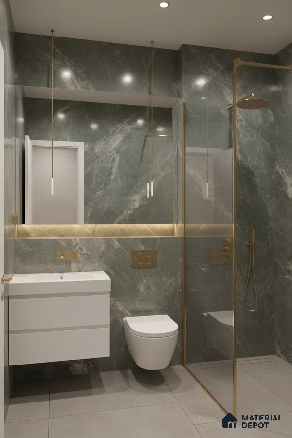 Modern bathroom with green marble-look wall tiles, gold accents, and large format grey floor tiles | Material Depot