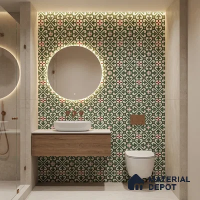 Modern bathroom with green moroccan patterned wall tiles and floating wood vanity