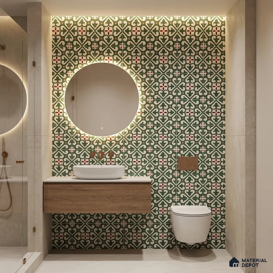 Modern bathroom with green moroccan patterned wall tiles and floating wood vanity