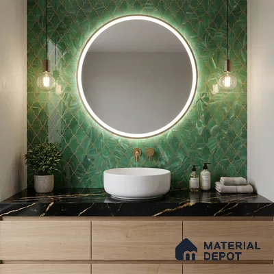 Modern bathroom with green moroccan wall tiles, black marble countertop, and light oak vanity
