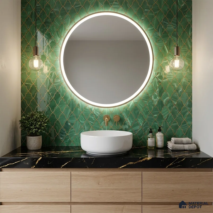 Modern bathroom with green moroccan wall tiles, black marble countertop, and light oak vanity