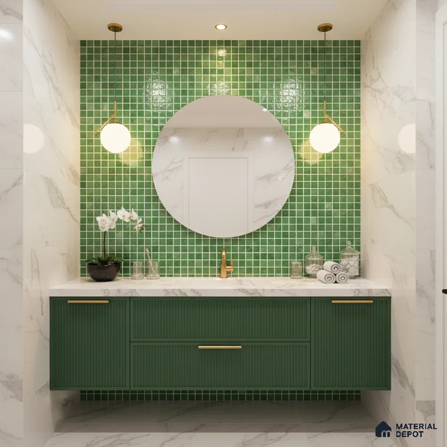Modern bathroom with green mosaic wall tiles, fluted green vanity, and white marble-look wall tiles