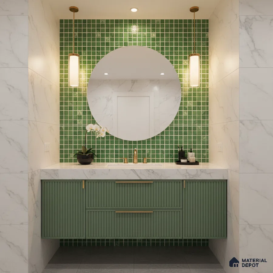Modern bathroom with green mosaic wall tiles, sage green fluted vanity, and white marble wall tiles
