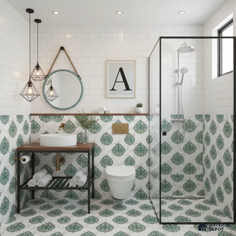 Modern bathroom with green patterned moroccan tiles and white subway wall tiles in Bengaluru | Material Depot
