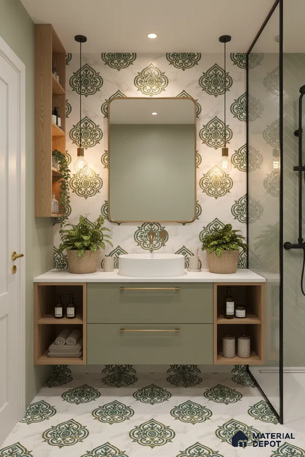 Modern bathroom with green patterned moroccan tiles, sage green vanity, and white countertop in Bengaluru | Material Depot
